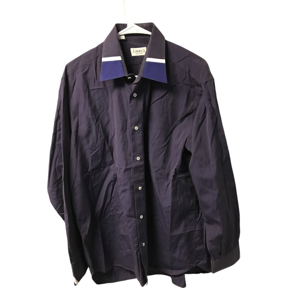 DaVinci Button Up Shirt Mens Navy Blue Yellow Striped Long Sleeve Cotton